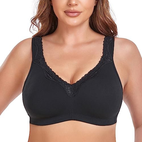Ayigedu Women's Wireless Plus Size Lace Comfort Cotton Bra Full Coverage Unlined Minimizer Bra 38E Black