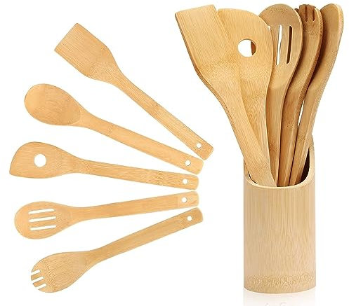 6 Piece Wooden Spoons Set with Holder Cooking Utensils Wood Kitchen Non Scratch Heat Resistant Kit for Non-Stick Pots and Pans Cookware Turner