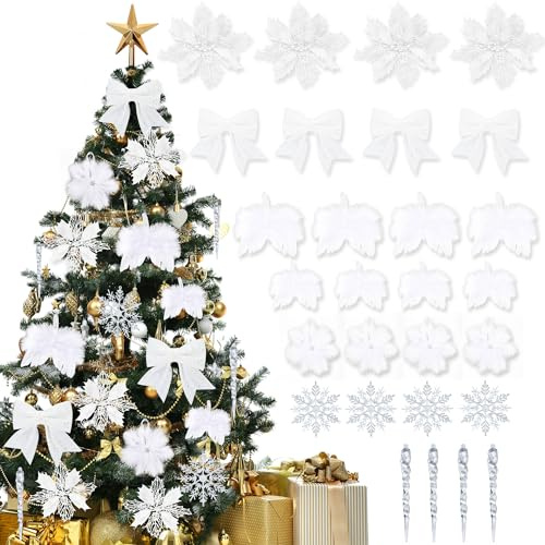 Abitoncc 32 PCS White Feather Christmas Flowers Bows for Trees Xmas Tree Decorations