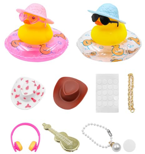 ANCLLO 2 pièces décoration de Canard en Caoutchouc Tableau de Bord Canard Jaune avec Chapeau Lunettes de Soleil chaîne Beignet Guitare pour Ornements de Chambre à Coucher de Bain