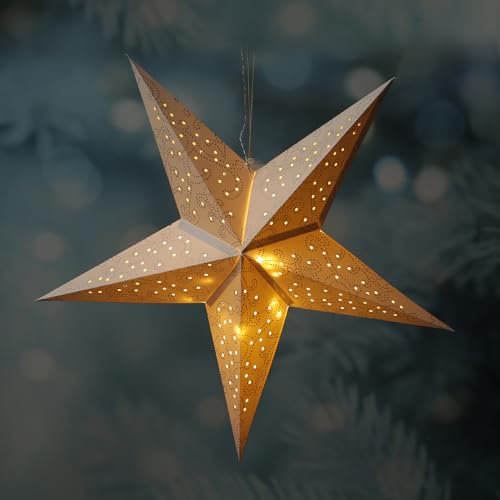 MARELIDA LED Papierstern hängend Weihnachtsstern 5-zackig beleuchtet mit 20 warmweißen LED D: 60cm Faltstern Batteriebetrieb Timer weiß