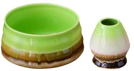 rockible Cuenco de cerámica Matcha y Soporte para batidor, tazón de té para batidor de 500ml, 2 uds, Verde