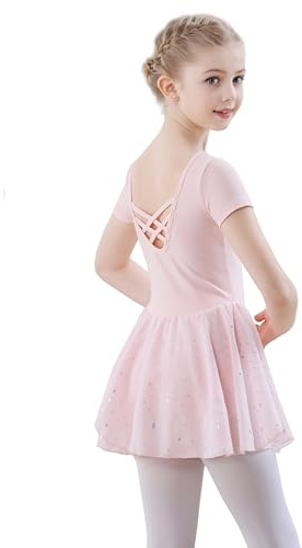 FONLAM Vestito Body da Danza Classica per Bambina Ragazza Abito Danza Balletto Tutù Ballerina Paillettes Manica Corta (Rosa, 10-11 anni)