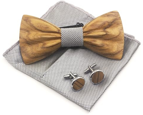 Cyriacus Ensemble Nœud papillon Bois pour Homme Mariage Fête Noeud Papillon,Boutons de Manchette,Mouchoir,Fleur Broche