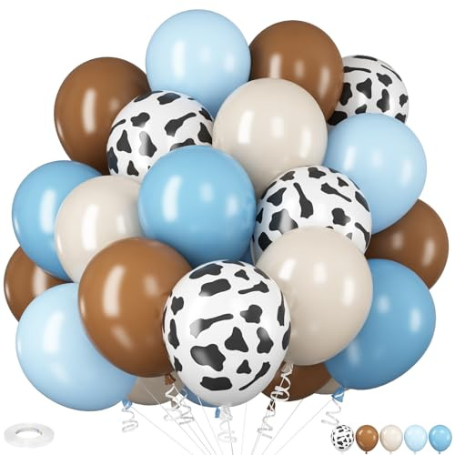 HILAVO Ballons imprimés de vache, ballons de 30,5 cm bleu clair, marron et sable de vache pour garçons, première fête de rodéo, fête prénatale de cow-boy, décorations de fête à la ferme, décorations