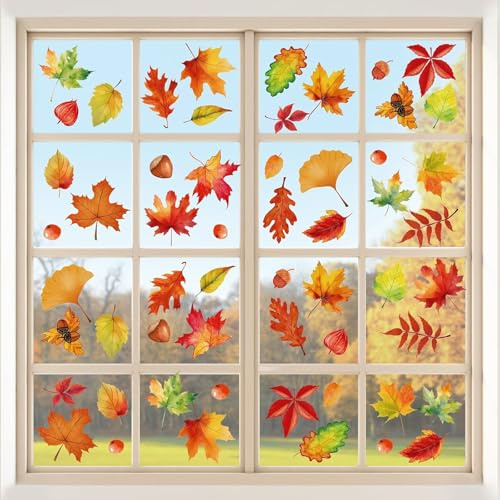 smartelf Fensterbilder Herbst Deko, 56 Stück Herbstdeko Fenster Innen, Herbst Fensterbilder Aufkleber, Thanksgiving Fenster Deko Ohne Kleber, Thanksgiving Fensteraufkleber Herbst Groß