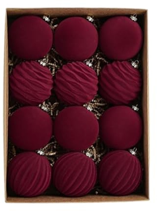 Lot de 12 Boules de Noël en Velours Rouge floqué pour Sapin de Noël, décorations de Noël à Suspendre