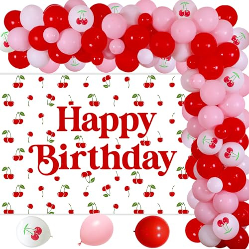 Decoraciones de cumpleaños de cereza, telón de fondo de feliz cumpleaños, kit de arco de guirnalda de globos rojos y rosas con globos de cerezas rojas, decoraciones de fiesta de frutas dulces para