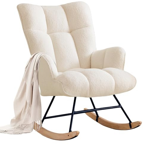XH.Easy Go Rocking Chair Nursery Teddy Upholstered Glider Rocking Accent Chairs Padded Seat with Rubber Wood Legs Armchair Comfy Side Chair for Living Room Bedroom Offices (Ivory Teddy)