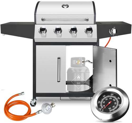 Edelstahl Gasgrill 4+1 Brenner,15 kw Gas Grillwagen BBQ mit Seitenkochfeld,Gasgriller mit Thermometer,4 PCS Bremse Rollen,Standgrill DE I3B/P(50) Gasdruckregler,Grillküche Camping Garten(Butan/Propan)