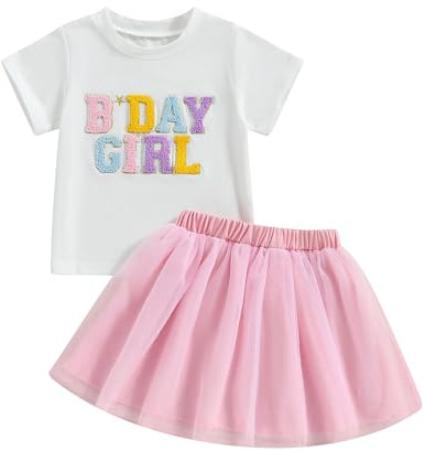 Baby Mädchen Geburtstag Outfit Kurzarm Brief Stickerei T-Shirt Mit Regenbogen Tüll Rock Baby Mädchen Geburtstag Prinzessin Tüllrock Geburtstag Spitzen Tutu Rock Outfit (Rosa-C, 4-5 Years)