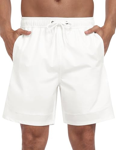 MoFiz Baddräkt för män, 2 i 1, shorts med kompressionsfoder, snabbtorkande badshorts för simning, surfing, strand, med 4 fickor, Vitt och blått, XL