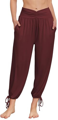 Famulily Womens Trousers Lantern Tapered Harem Pants Breathable Ankle Trousers Summer Baggy Pleated Slacks Wine L