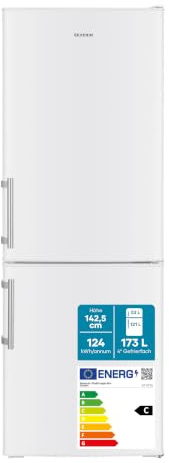 SEVERIN Kühl-Gefrierkombination, Energieeffizienzklasse C, Kühlen 121L, Gefrieren 52L, LED Beleuchtung, 142,5 cm Höhe, 4-Sterne-Gefrierfach, verstellbare Ablagefläche, 124 kWh, weiß/Metall, DT 8770