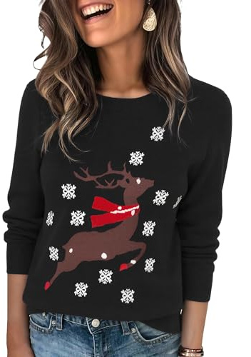 Crewhpo Maglione Natalizio Donna Maglioni Natalizie Inverno Caldo Maglioni Natale a Maniche Lunga Maglione Natalizio Girocollo Pullover Natalizi con Stampa di Renna, Fiocco di Neve Nero M