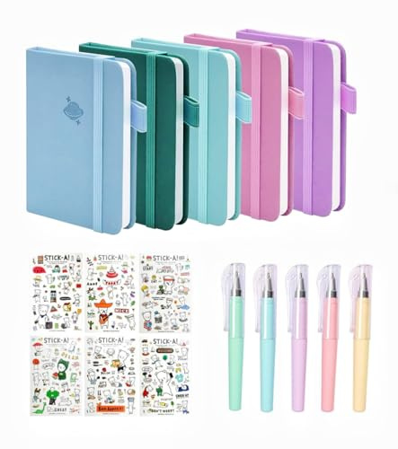 5 Stück Notebook A6 Set, 5 Kleine Notizbücher(96 Blatt/192 Seiten) mit 5 Stift und 6 Aufkleber, Farben Hardcover Pocket Notebook, A6 Notizbuch Liniert für Büro, Schule, Memos & Zeitplänen