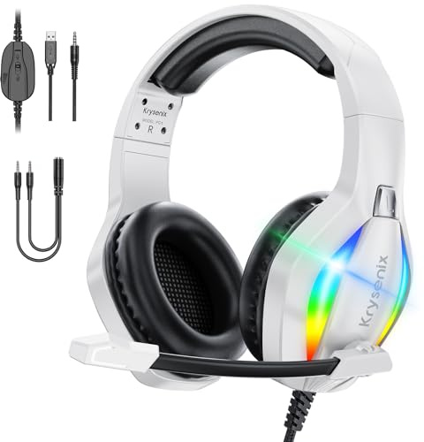 Krysenix PG1 RGB Gaming Headset für PS4, PS5, PC, Xbox,Switch, PS5 Gaming Kopfhörer mit LED Licht, Over Ear PC Headset mit Noise Cancelling Mikrofon und 3,5 mm Klinke,Matte Weiß