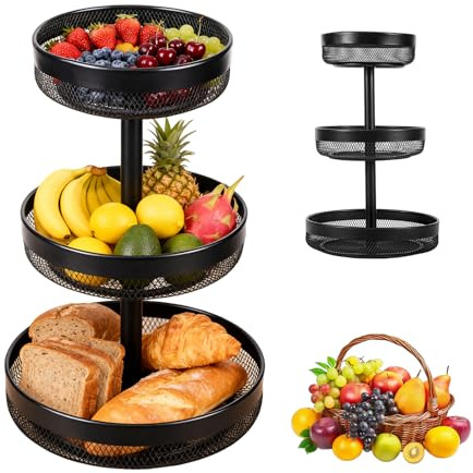 Spalivivre Panier à Fruits Rond à 3 Étages, Présentoir à Fruits Noir Métal, Paniers de Rangement de Fruits Détachable pour Fruits, Légumes et Snacks