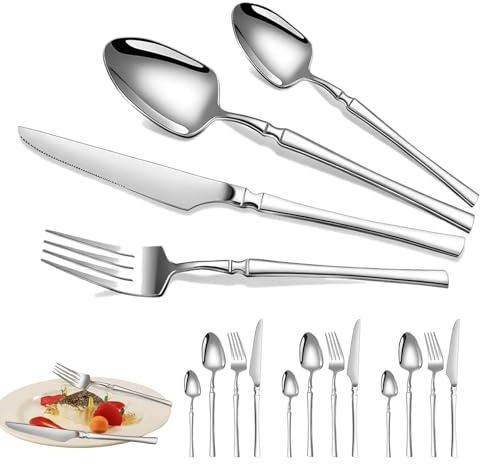 Couverts en acier inoxydable | Modèle robuste avec fourchette, cuillère et couteau | Set de vaisselle en acier inoxydable 16 pièces pour cuisine, déjeuner, appartement, cuisine, repas, voyage, camping