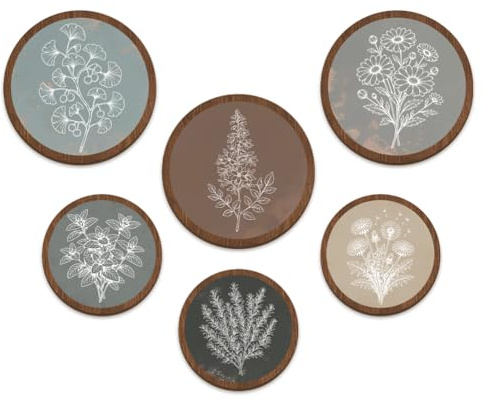 UNICRAFTALE 6Pcs Mixed Color Retro Plant Disk Decor Wooden Boho Wall Art 20-25cm Vintage Line Art Round Plaque Set Lightweight Easy Install for Entryway Hallway Gallery