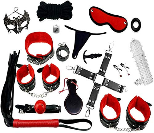Juego de bondage SM de 18 piezas: ideal para principiantes, que incluye puños SM, banda para los ojos y accesorios eróticos para parejas, negro y rojo.