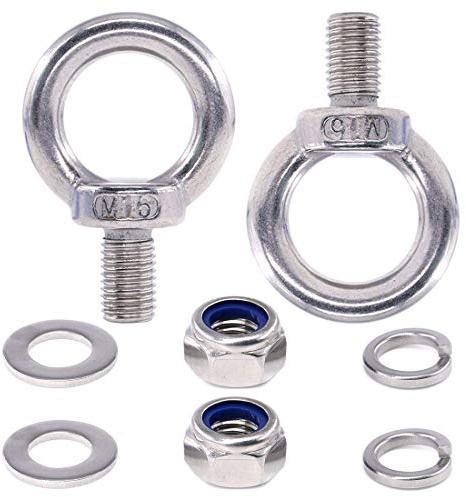8 Stück 304 Edelstahl M16 Außengewinde Hebering Augenschrauben-Set, inklusive 2 Stück M16 Augenschrauben mit 2 Stück Kontermuttern, 2 Stück Sicherungsscheiben und 2 Stück flache Unterlegscheiben