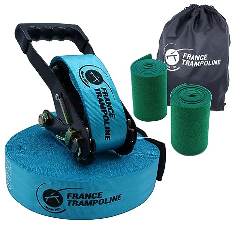 Cinghia Slackline 15 m con cricchetto, protezioni albero e custodia di trasporto per pratica principiante, moderata o sportiva, Francia Trampolino