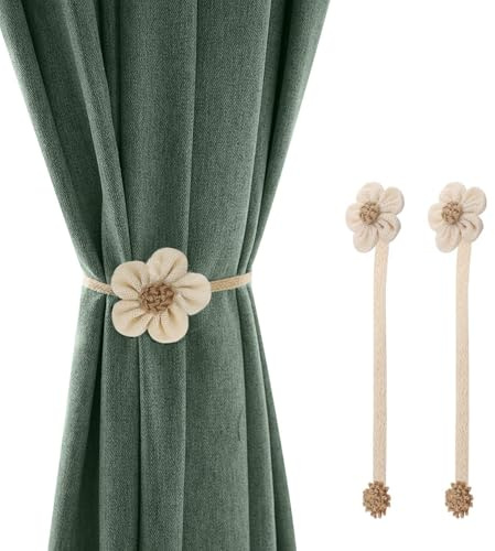 Lewondr Magnetic Window Curtain Rope Holdbacks, 2 Pieces Simple and Elegant Sunflower Decorative Knitted Cord Drapery Holder Curtain Tieback Accessories for Home Office Decor, Small - Cream&Beige