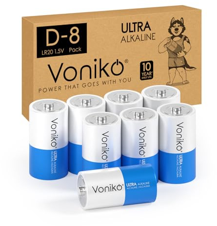 Voniko Ultra Alkaline D Batteries, Batteries D Size 8 Pack, 10-Year Shelf Life and 6-9 Times The Power as Carbon Batteries, Type D Battery 1.5 Volt