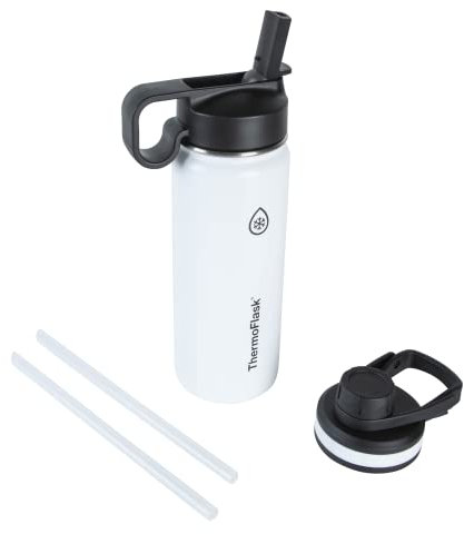 Thermoflask Flasche mit Trinkdeckel und Strohhalm-Deckel, isolierte Edelstahl-Wasserflasche mit auslaufsicheren Deckeln, spülmaschinenfeste, wiederverwendbare Flasche und Deckel, robuste Flasche, 2