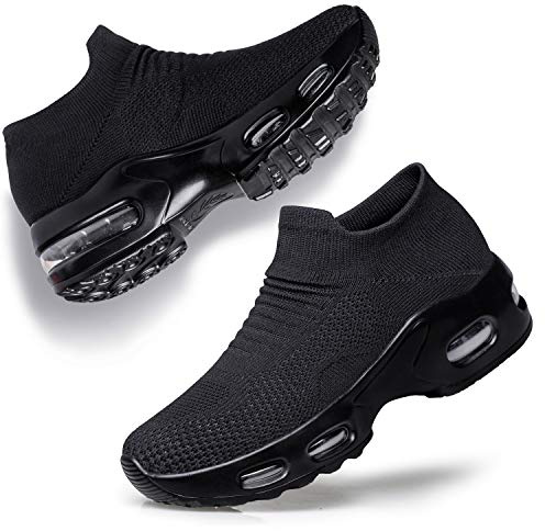 YHOON promenadskor för kvinnor slip-on – strumpor sneakers dam amningsarbete luftkudde nät vardaglig löpning joggingskor, Helt svart, 40 EU