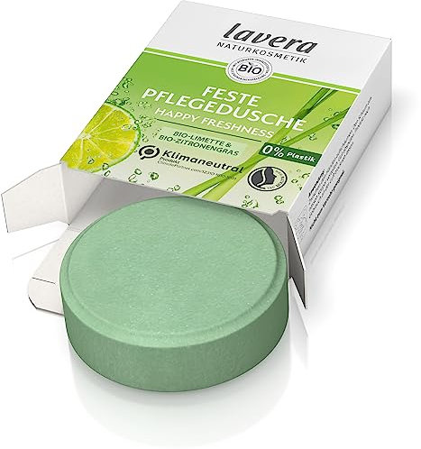 lavera Feste Pflegedusche Happy Freshness - mit Bio-Limette und Bio-Zitronengras - reinigt die Haut sanft, ohne sie auszutrocknen - 3x ergiebiger als flüssiges Duschgel - Naturkosmetik - 1 Stk / 50g