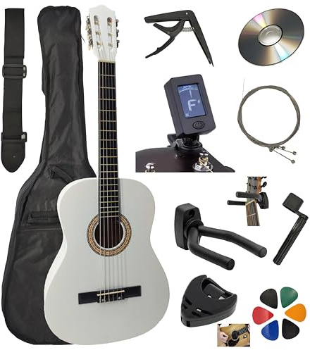AMBRE Pack Guitare Classique 4/4 (Adulte) + 10 Accessoires (Housse, Support Mural, Accordeur, Sangle, Capodastre, Cordes, 6 Médiators, Boîte, Manivelle) + Cours Vidéo & CD (Blanc, 1/2, Droit)
