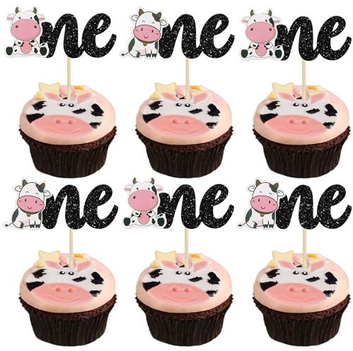 Gyufise 24Pcs Cow One Cupcake Toppers Glitter Farm Animals First Birthday Cupcake Picks Decorations for Baby Shower Kids Boys Girls 1st Birthday Party Supplies