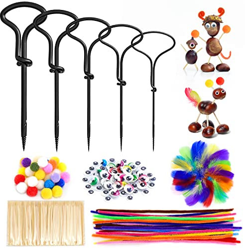 Higtok Kastanienbohrer Set, Kastanienbohrer Kinder Set, Herbst Kastanienmännchen DIY Set mit 1,5-5 mm Bohrer Kastanien, Zahnstocher, Federn, Pfeifenreiniger, Pompons und Kulleraugen