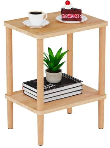 LUCKNOCK Solid Wood Side Table, 2-Tier Small End Table with Storage Shelf, Narrow Nightstand Bedside Table for Small Spaces, Bedroom, Living Room, Farmhouse, No-Tool Assembly.