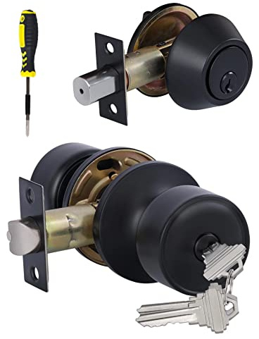 Lanwandeng Keyed Alike Entry Door Knobs and Single Cylinder Deadbolt Lock Combo Set Security for Entrance and Front Door, All Keyed Same Door Lock with Classic Matte Black Finish
