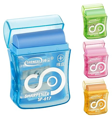 OFFCUP Pencil Sharpeners, 4pcs Double-Hole Pencil Sharpener with Container, Manual Pencil Sharpeners and Eraser with Lid for Kids Adults Students School Class Home Office (Random Color)