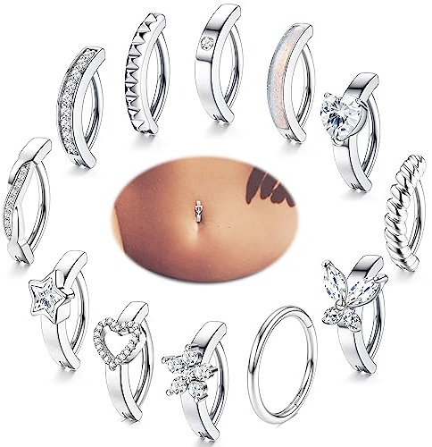 LOLIAS 12Pcs 14G Clicker Bauchnabelpiercing Ring für Damen Chirurgenstahl Bauchnabelpiercing Set Zirkonia Herzen Piercing Bauchnabel Schmetterling Belly Piercing Körperschmuck für Damen 10/12MM