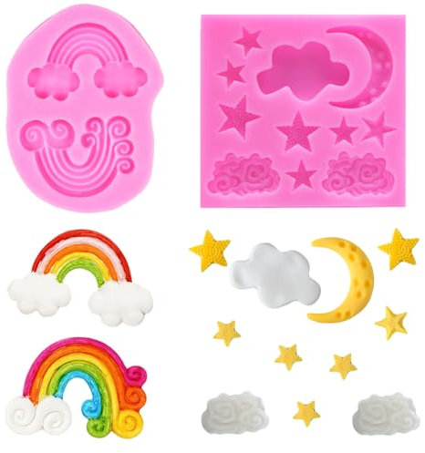 Nifocc 2 Pcs Rainbow Cloud Fondant Mold Star Moon Cake Mold 3D Cloud Silikon Mold Candy Mold Baking Mold for Chocolate Kuchen Muffin Jelly Fudge Decor