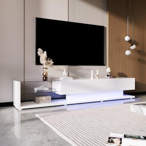 BTM Meuble TV en Verre, Armoire TV avec cloison en Verre Aqua Lumineux, Banc TV avec Éclairage LED, pour Salon, Salle à Manger, Chambre, Rangement Pratique, Blanc, 170x38x36cm