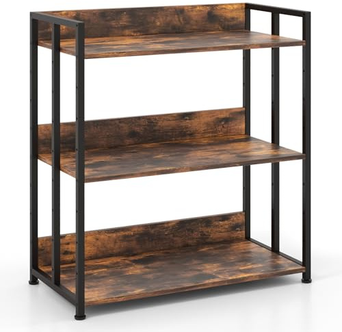SFAREST 3-Tier Industrial Bookshelf, Wooden Bookcase Shelving Unit with Adjustable Shelf & Anti-Toppling Devices, Freestanding Metal Frame Storage Shelves Organizer for Office Living Room (Brown)