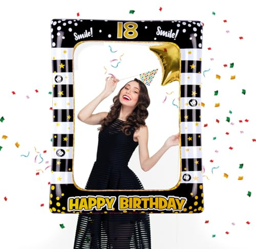 Flintronic Marco inflable de cumpleaños número 18, accesorios para cabina de fotos, marco de fotos inflable para fiesta de cumpleaños negro y dorado, kit de accesorios divertidos para selfies