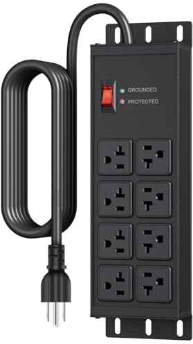 JUNNUJ - Protezione da sovratensioni da 20 Amp 4800J, metallo per garage, 8 prese di calibro 12, adattatore ad alto ampere, 5-15P, tenda 6-20R, uscite industriali con scanalatura a T,