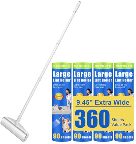 Large Lint Rollers for Floor Carpet, Sticky Floor Roller with 3 Extendable Long Handle,9.45 Giant Lint Roller for Carpets, Beds, Cars, Clothing (4 Refills+1 Roller (Extendable Handle))