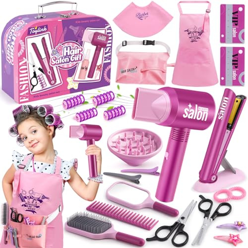 G.C Kit Coiffure Enfant Fille Jouet avec Sèche-Cheveux Lisseur Miroir Peigne Ciseaux Tablier Coiffeur Malette Accessoires de Coiffure Salon de Beauté Jeu de Role Cadeau pour Fille 3 4 5 6 7 Ans