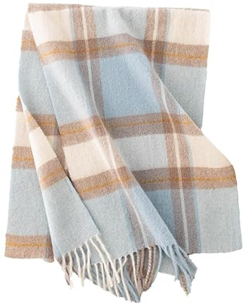 EILJSF 180 * 30cm Hellblau Karierte Damenschals aus Reiner Wolle mit Quasten, warme Karierte Deckenschals für Damen, Lange Karierte Schals und Wickel für den Winter