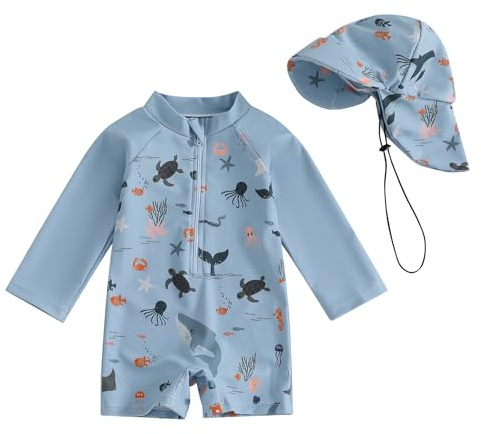 Hnyenmcko Baby/Toddler Boy Rash Guard Swimsuit Long Sleeve One Piece Zipper Swimwear Sunsuit Infant Bathing Suit Beachwear (Animal-Blue, 12-18 Months)
