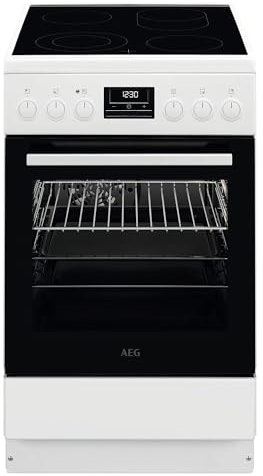 AEG Standherd mit Glaskeramik-Kochfeld, 50cm, A, 1 Paar Teleskopschienen, Versenkknebel, Grillfunktion, Display mit Uhr, Weiß, CCB5449OBW
