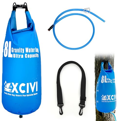 xcivi 8L Gravity Water Bag Compatible with Membrane Solutions Straw and Other Water Filter Straw, 8L Water Bag for Camping, Traveling, Backpacking, Hiking, Foldable & Hangable 2 Gal Bag